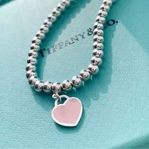 Tiffany & Co. Return to Tiffany Pink Enamel Heart Tag Bead Bracelet Sterling 6.5